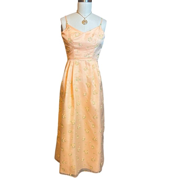 Vintage Dresses & Skirts - Maxi Dress Women Small Peach Floral Swiss Dot Pleated Spaghetti Strap Vintage